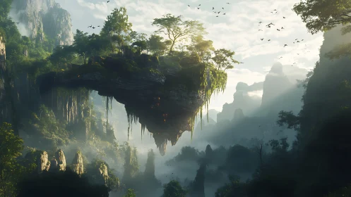 Floating landmass suspended above misty canyon valley terrain