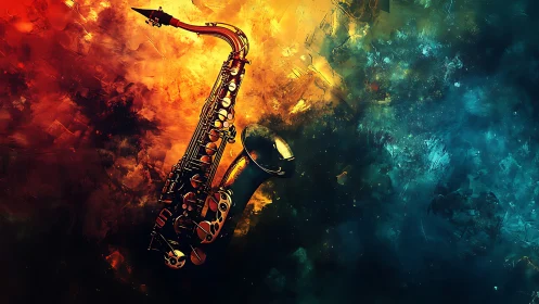 Golden saxophone floats through fiery and cool abstract haze
