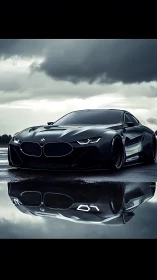 Storm-lit black BMW concept prowls beside mirror-still water.