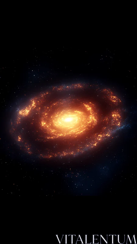Rendered spiral galaxy shows central luminous core and fiery arms