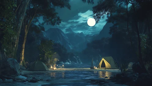 Night camping in mountainous valley with illuminated tents.