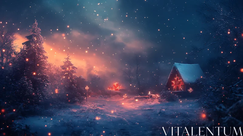 Snow-covered cabin glows against luminous winter night sky