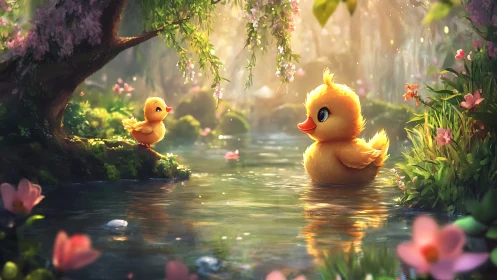 Cute ducklings in a glowing forest pond at sunrise.