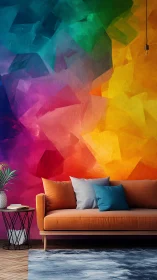 Color-saturated modern sofa scene before faceted mural wall.