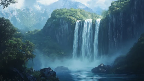 Mountain basin waterfall with mist and dense forest cover.