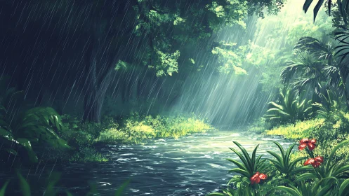 Rainy Jungle Sanctuary: Where Sunlight Meets Green Serenity.