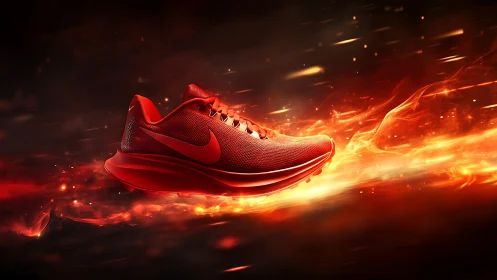 Fiery red running shoe blazes forward with energizing speed