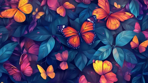 Vibrant monarch butterflies over teal foliage background.