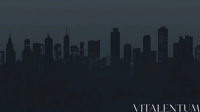 Moody city skyline glows subtly against a dark night sky.