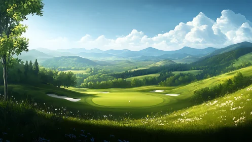 Sunlit mountain golf green rendered in vivid digital painting