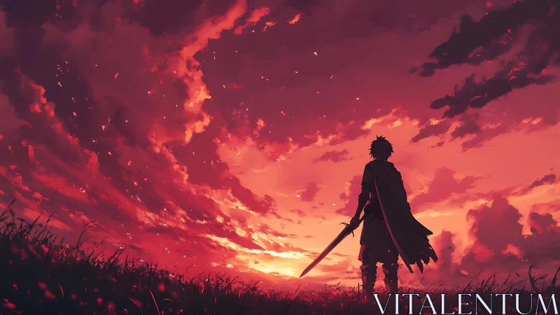 Lone swordsman greets a blazing crimson sunset sky with resolve