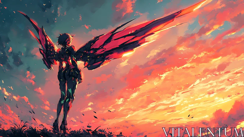 Winged cyber angel gazes across a blazing sunset sky.