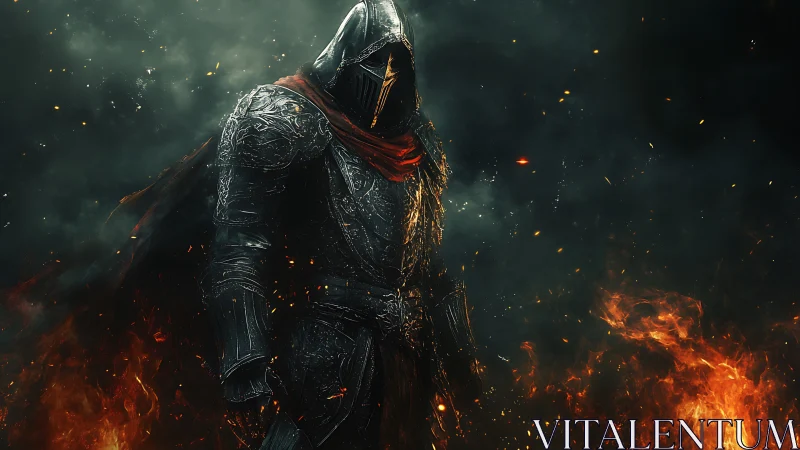 Armored dark knight standing amid fire and embers.