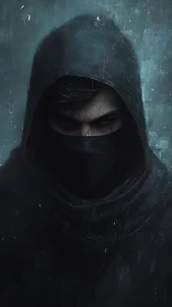 Hooded rogue with intense stare in dark rain-soaked scene.