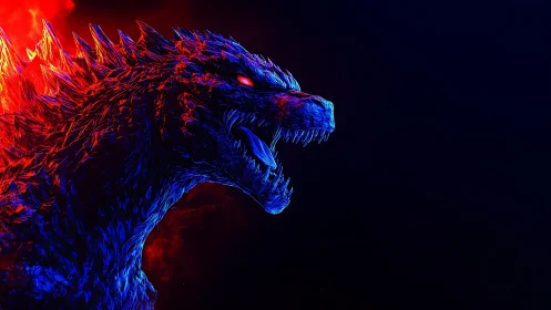 Neon-lit reptilian kaiju profile in red and blue lighting.