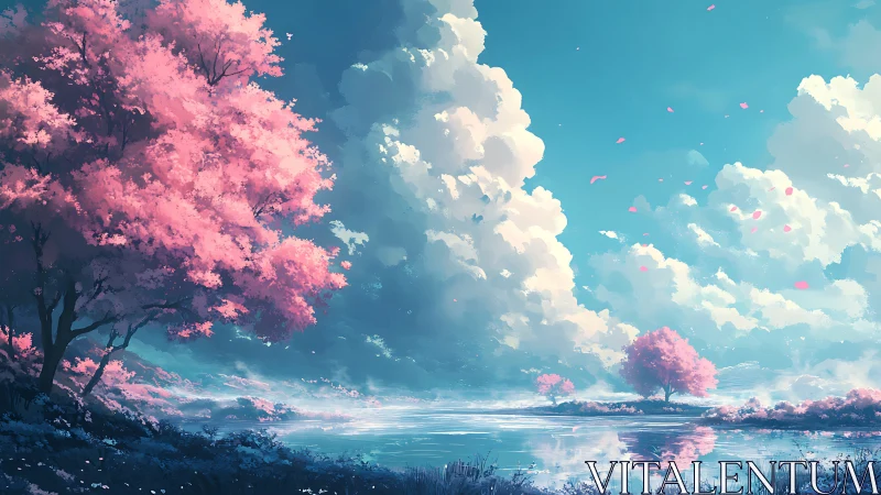 Pink blossom grove reflects over tranquil cyan lake.