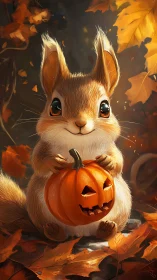 Cute squirrel holding carved pumpkin in autumn forest.