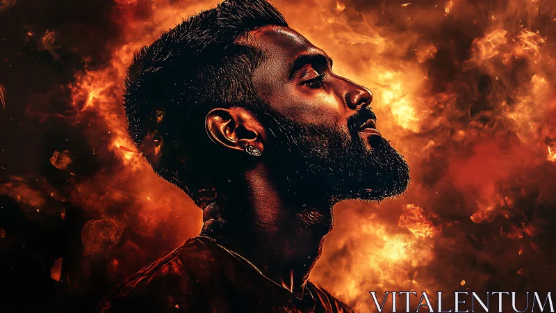 Profile portrait in fiery bokeh field with cinematic rim lighting.