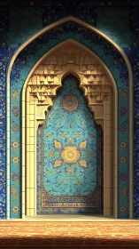 Islamic archway with detailed turquoise geometric tile panel