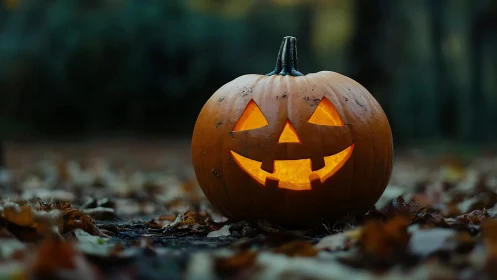 Photorealistic jack-o-lantern on forest floor at dusk.