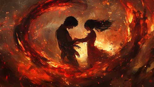 Two figures embraced in flames surrounded by fire