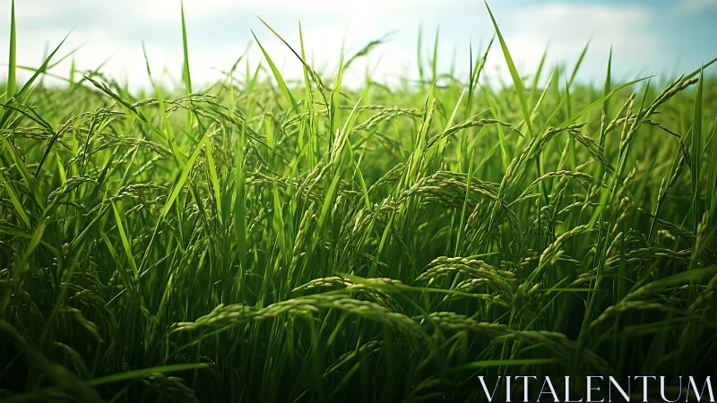 Photorealistic close-up of sunlit ripening rice field structure.
