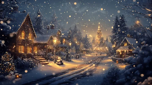 Snowy village street glows with cozy lights and gentle magic