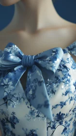 Close-up of blue floral bow on patterned garment neckline.