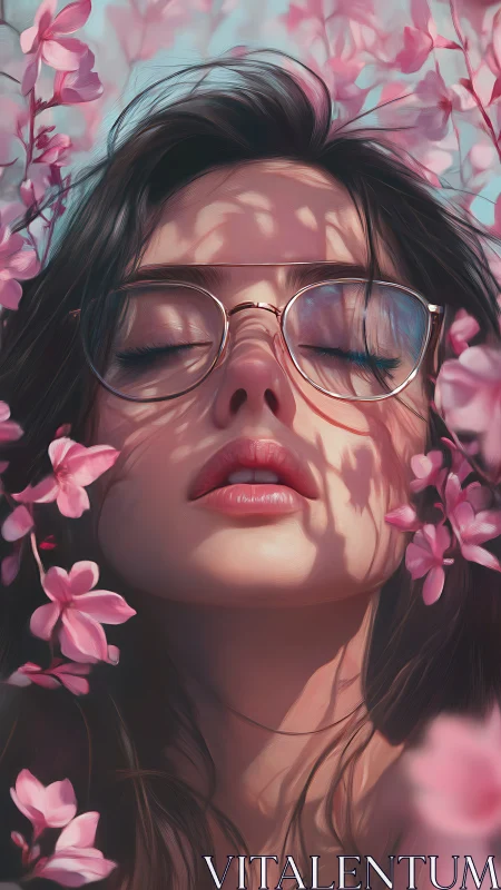 Soft spring dreams surround a serene face in pink blossoms