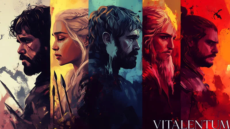 Quad-panel digital portraits with dramatic color fields and spears