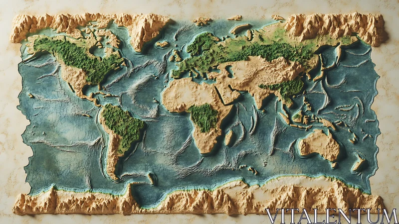 Relief world map sculpture with textured oceans and landforms.