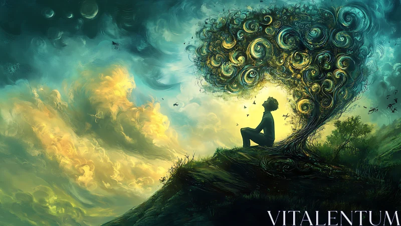 Silhouette under swirling dreamlike tree on hill at dusk.