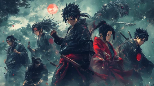 Moonlit blade-brood gathers beneath a scarlet omen.