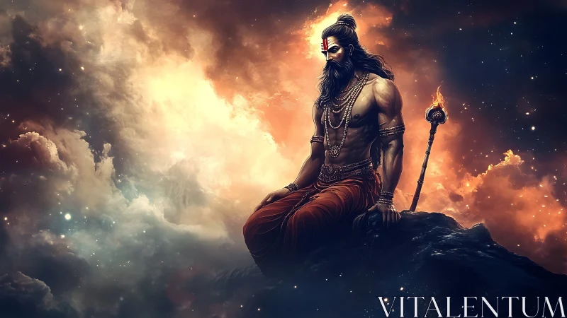 Mythic ascetic warrior rendered against volumetric nebula sky