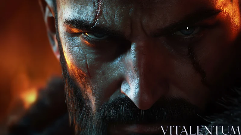 Intense scarred warrior closeup with dramatic lighting.