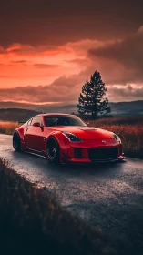 Low-slung red sports coupe on wet rural road at dusk.