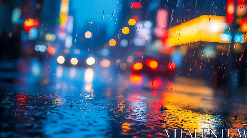 Rain falls on wet city street with defocused traffic lights