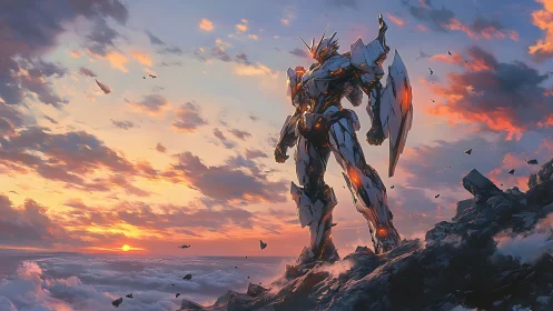 Sunset mecha sentinel on cliff with high-chroma painterly sky.