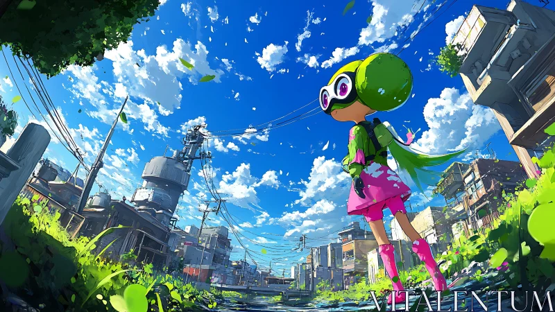 Bright‑eyed explorer strolls through a vivid summer city street