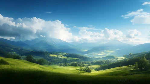 Digital pastoral valley with atmospheric mountain depth study.