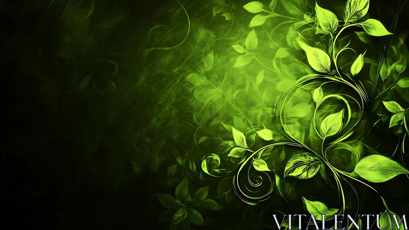 High-contrast luminous vine swirls over dark radial green gradient