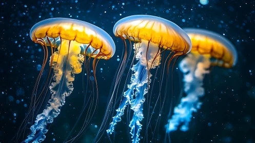 Three illuminated jellyfish drift in dark blue water