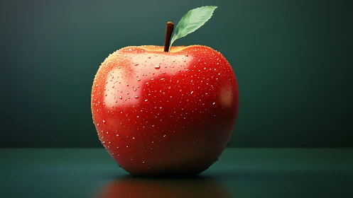Hyperreal red apple with surface condensation on dark ground