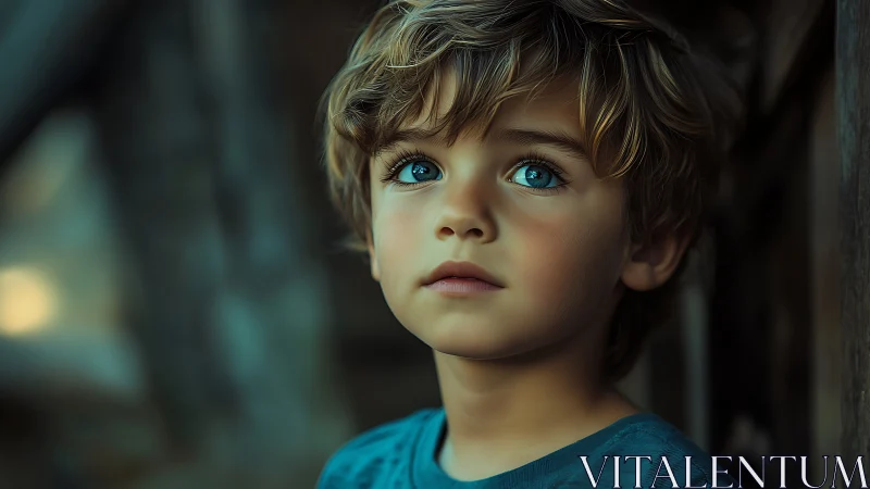 Young Boy with Striking Blue Eyes in Contemplative Portrait