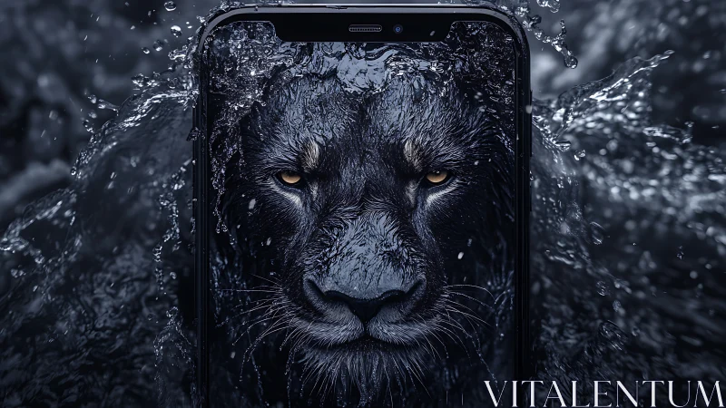 Midnight lion portrait emerging from smartphone display.