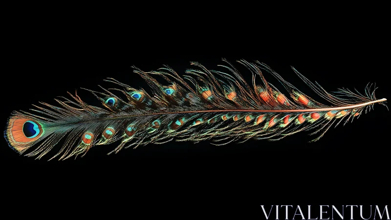 Iridescent peacock feather macro on deep black background.