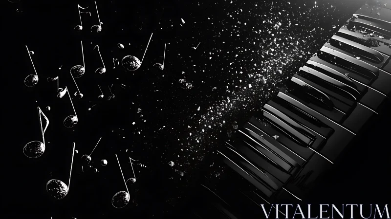 Monochrome piano keyboard with floating musical notation.