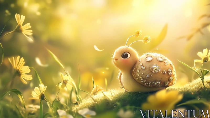 Digital painting of jeweled snail in luminous floral meadow.