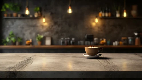 Cinematic depth-of-field study of latte on concrete counter.