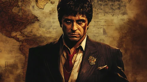 Brooding crime boss framed by a weathered world map.